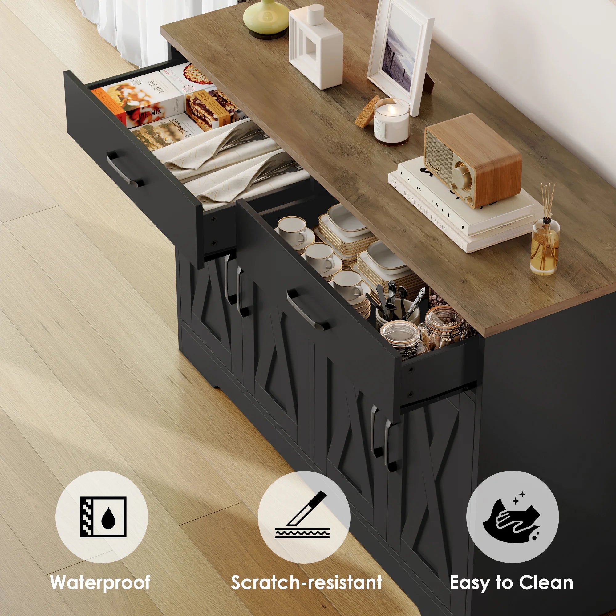 Hiphuta 47"farmhouse Sideboard Storage Cabinets with 4 Doors & 2 Drawers, Coffee Bar with Brown Top for Living Room, White