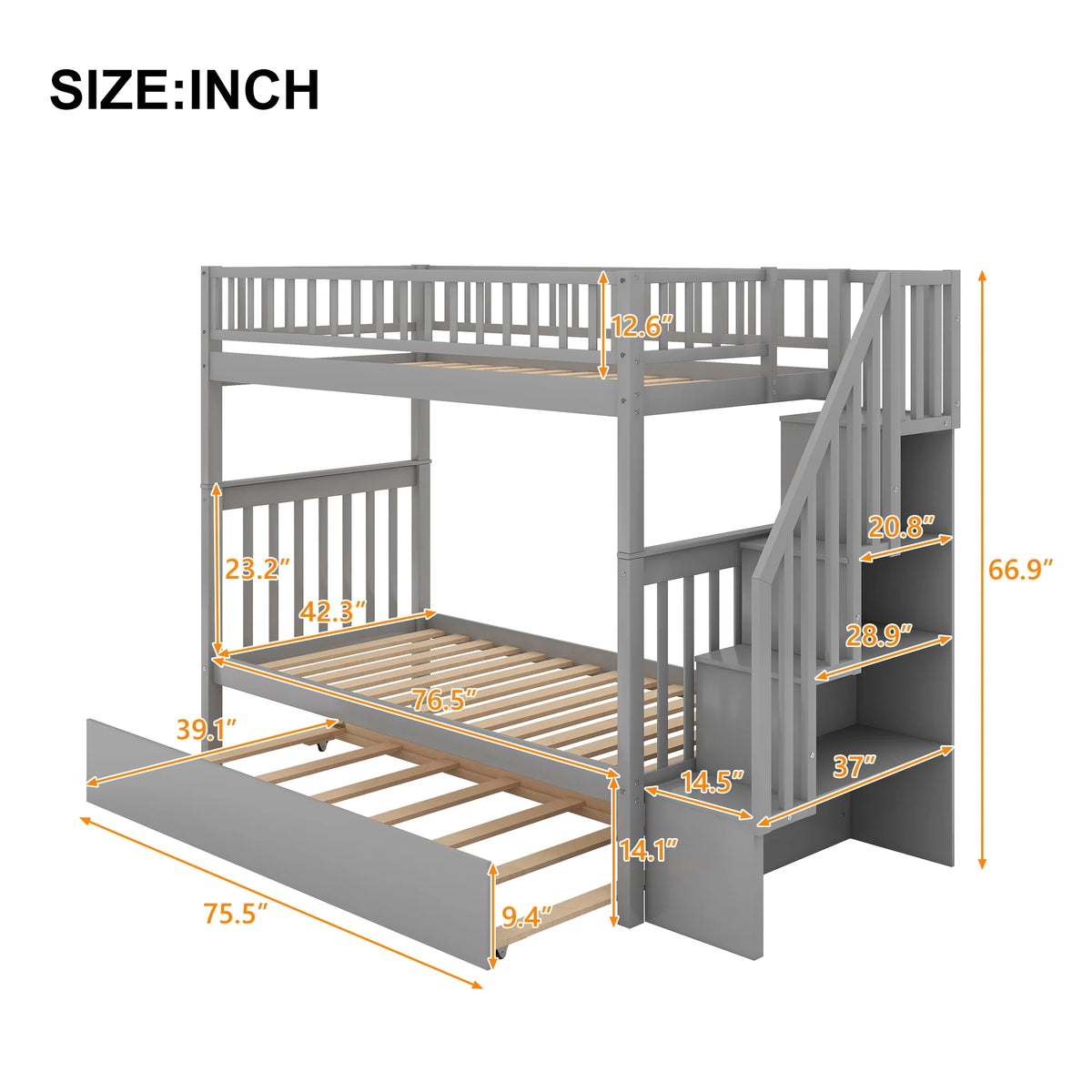AECOJOY Twin Over Twin Bunk Bed with Trundle and Storage, Solid Pine Wood White