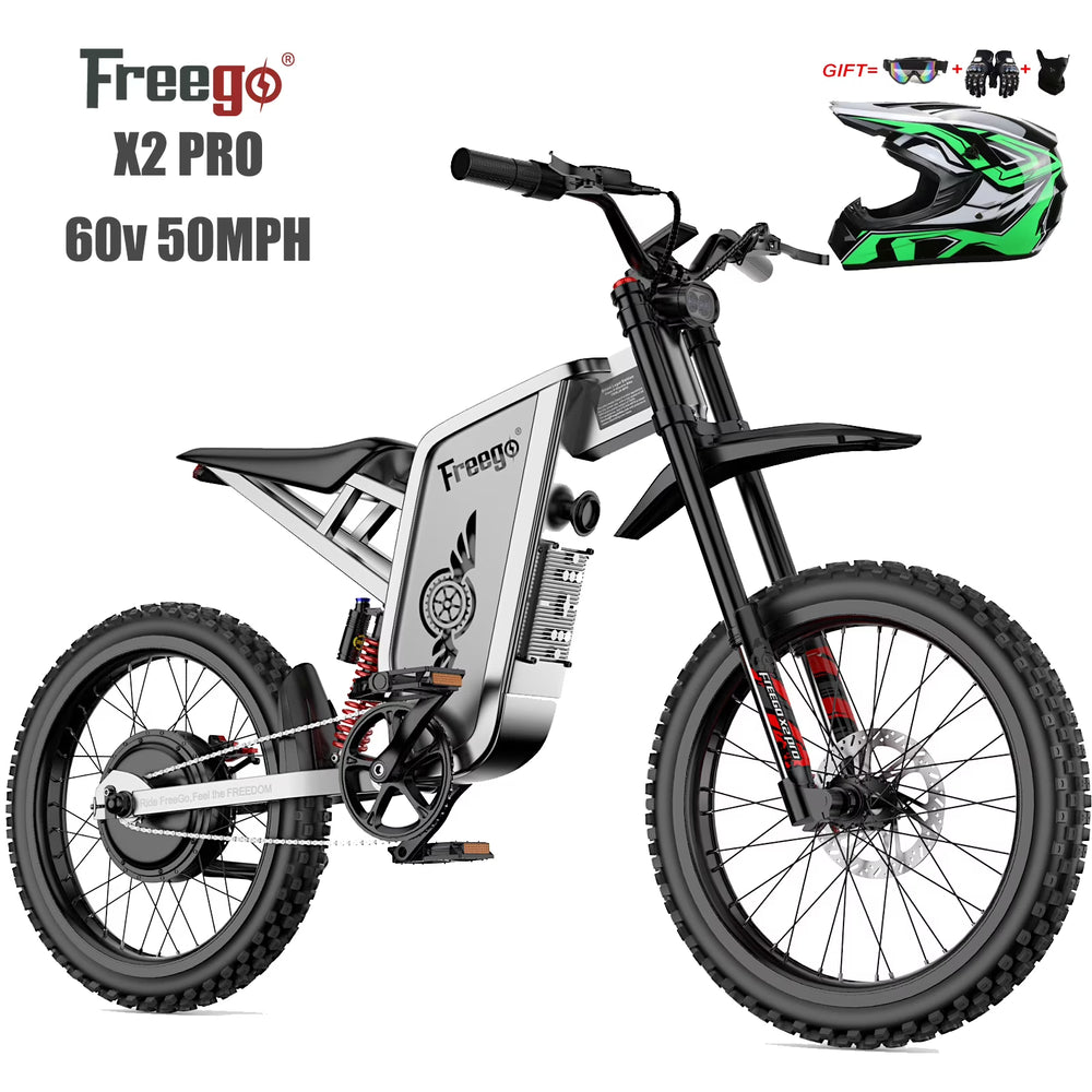 Freego X2 Pro 6000W(Peak) Motor Electric Dirt Bike for Adult, 60V30AH Battery Electric Motorcycle, 50MPH Speed Electric Bicycle, 19x2'' Full Suspension/Hydraulic Brake