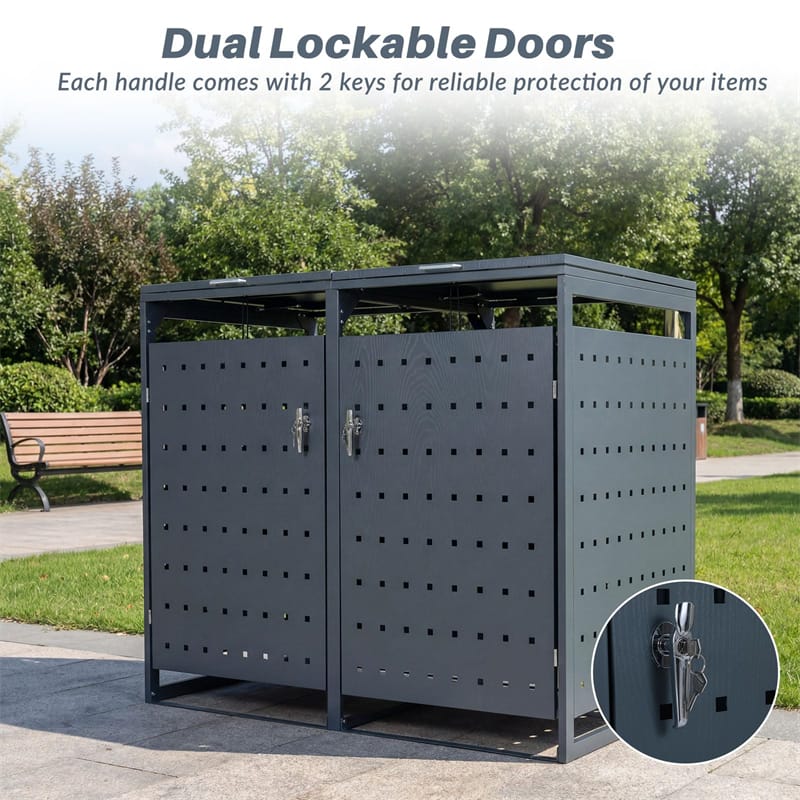 Outdoor Metal Garbage Bin Storage Shed for 2 Trash Cans, 44 Cu.Ft Double Trash Can Enclosure w/ Gas Struts & Lockable Doors, Patio Garden Bin Cabinet