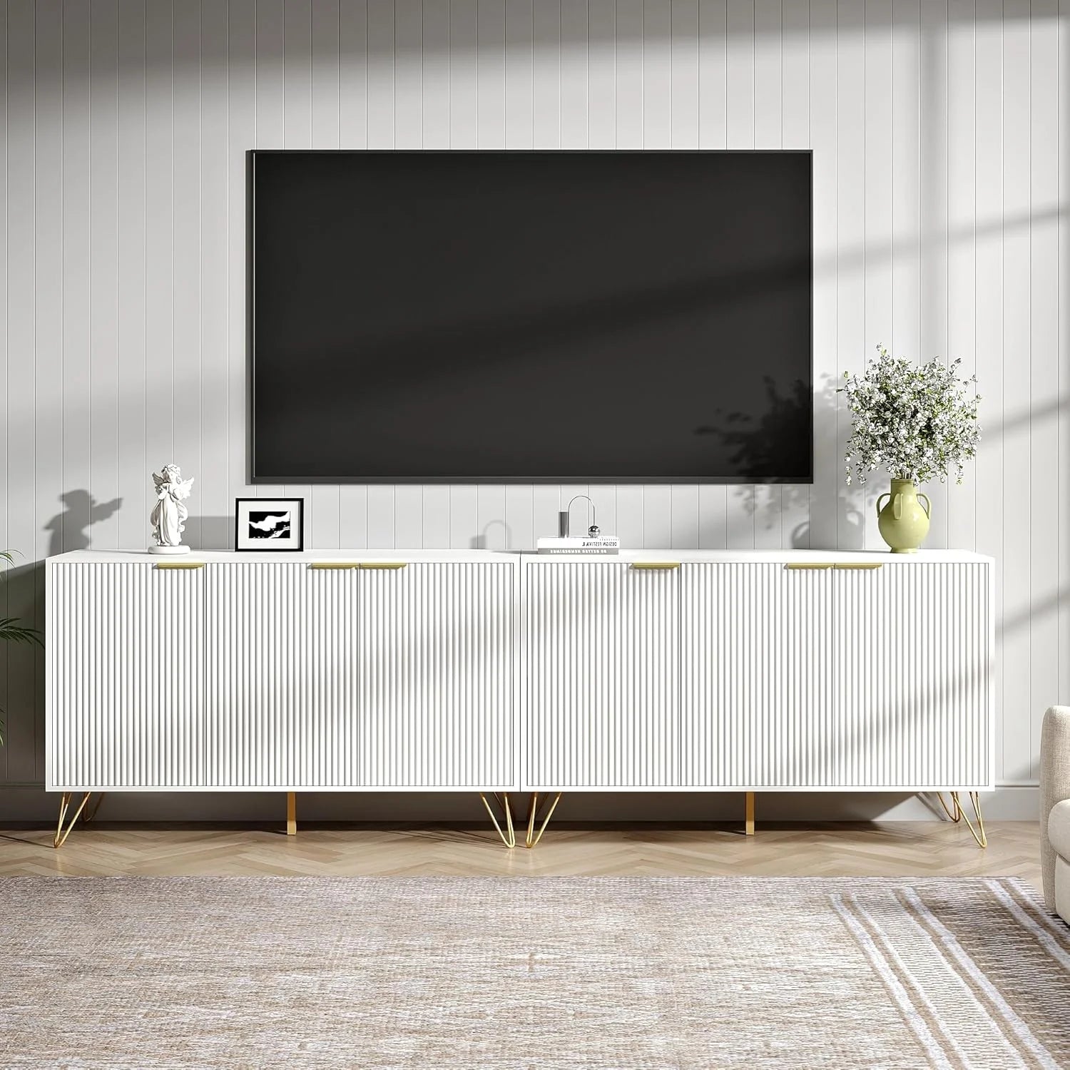Fluted TV Stand for 100 in TV, Modern TV Stand Console, White Entertainment Center with Storage Cabinets, Adjustable Shelves & Gold Handles, Wood Media Cabinet for Living Room