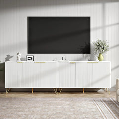 Fluted TV Stand for 100 in TV, Modern TV Stand Console, White Entertainment Center with Storage Cabinets, Adjustable Shelves & Gold Handles, Wood Media Cabinet for Living Room
