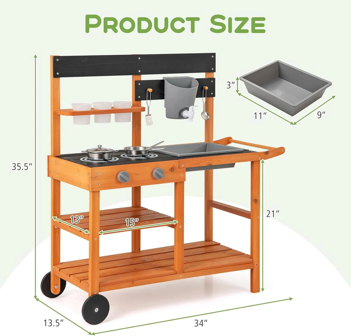 OLAKIDS Mud Kitchen, Outdoor Play Kitchen with Wheels 3 Cups Removable Sink Cooking Accessories Wooden Kids Kitchen Playset Backyard Garden Toys Gift for Boys Girls Ages 3+