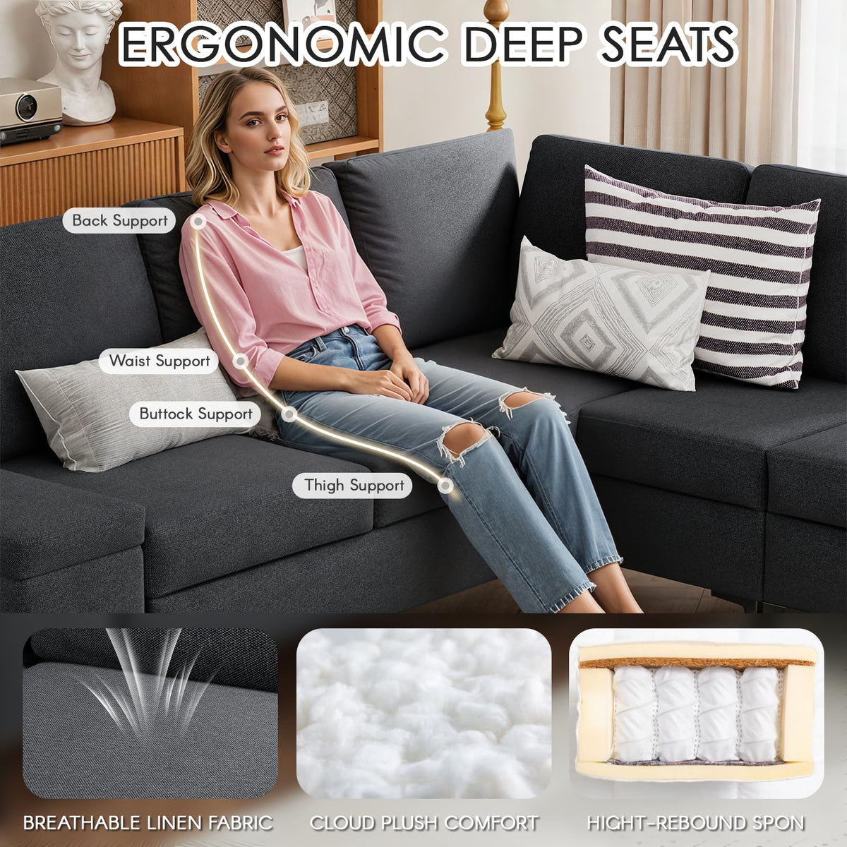 AECOJOY 87" Sectional Couch with Ottoman, Convertible Corner Couches with Armrest Storage, Black