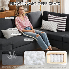 AECOJOY 87" Sectional Couch with Ottoman, Convertible Corner Couches with Armrest Storage, Black