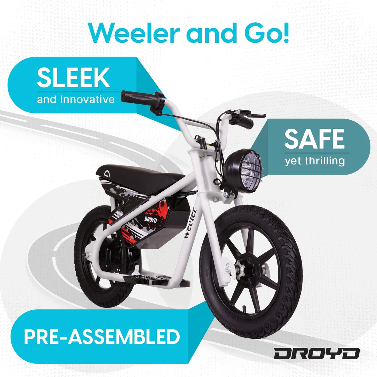 Droyd Weeler Electric Mini Bike - 24V 8ah Battery, 6 - 10 MPH, up to 8 Miles, LED Lights, Kids Ages 6+