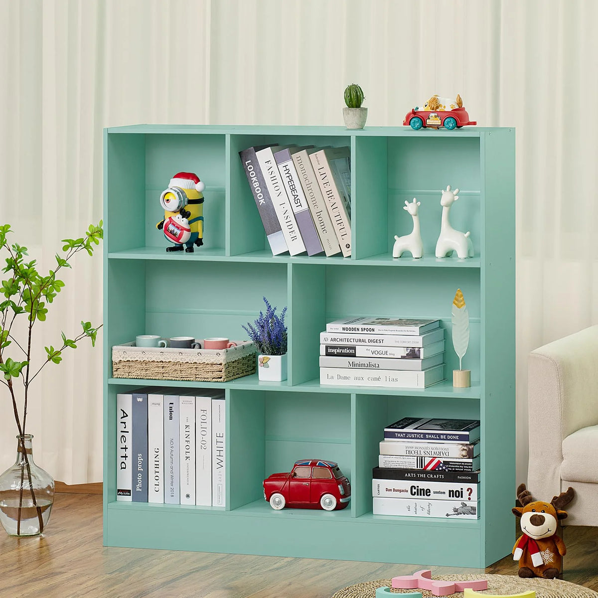 8 Cube Bookshelf with Base, 3 Tier Modern Mint - Green Bookcase, Standing Wide Bookshelves Storage Organizer Toy Shelf, Wood Display Children'S Book Shelves for Bedroom, Living Room, Nursery