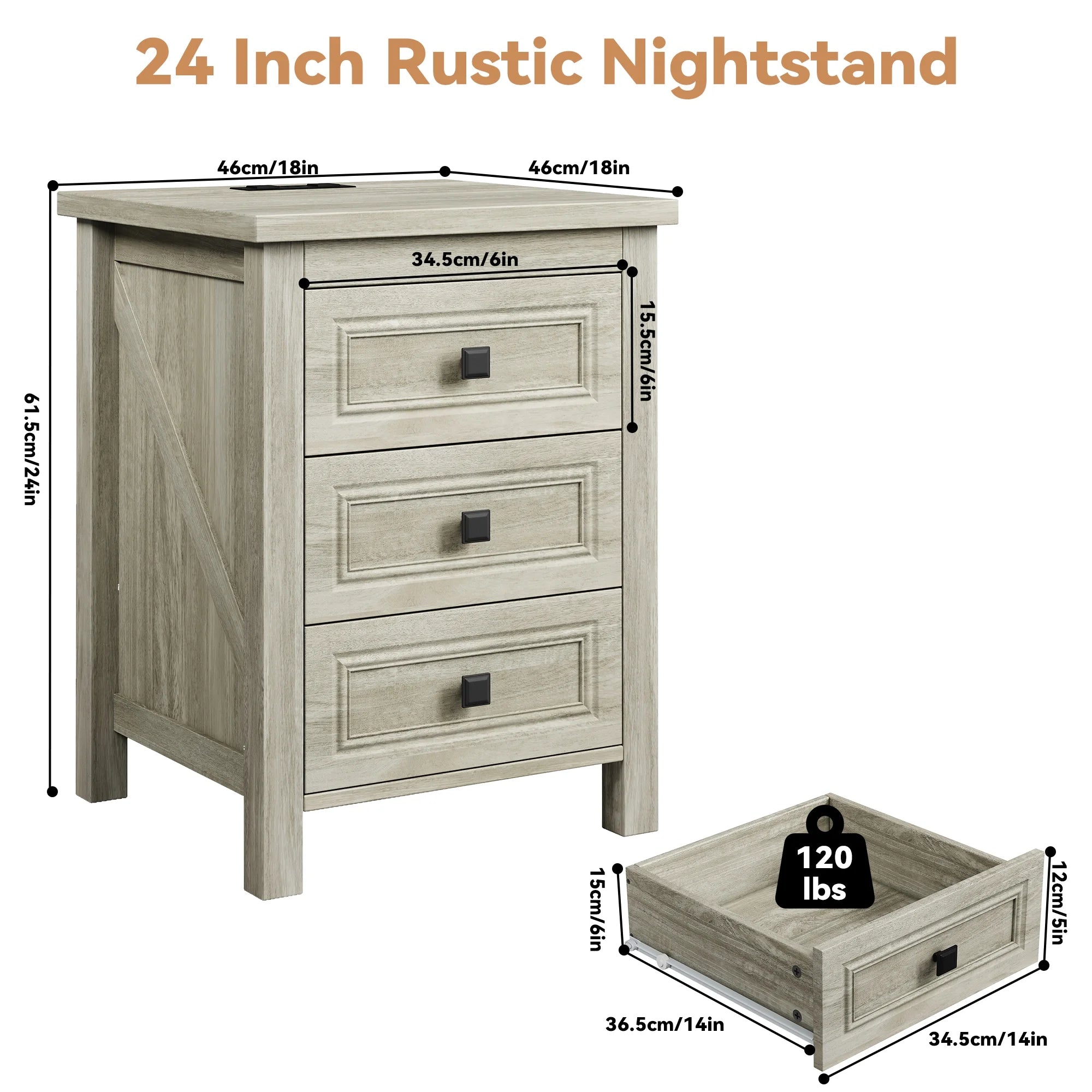 IDEALSOUL Nightstand, Bedside Table with Charging Station, Farmhouse 3 Drawer Nightstand Rustic Night Stand End Tables for Bedroom Living Room, Gray