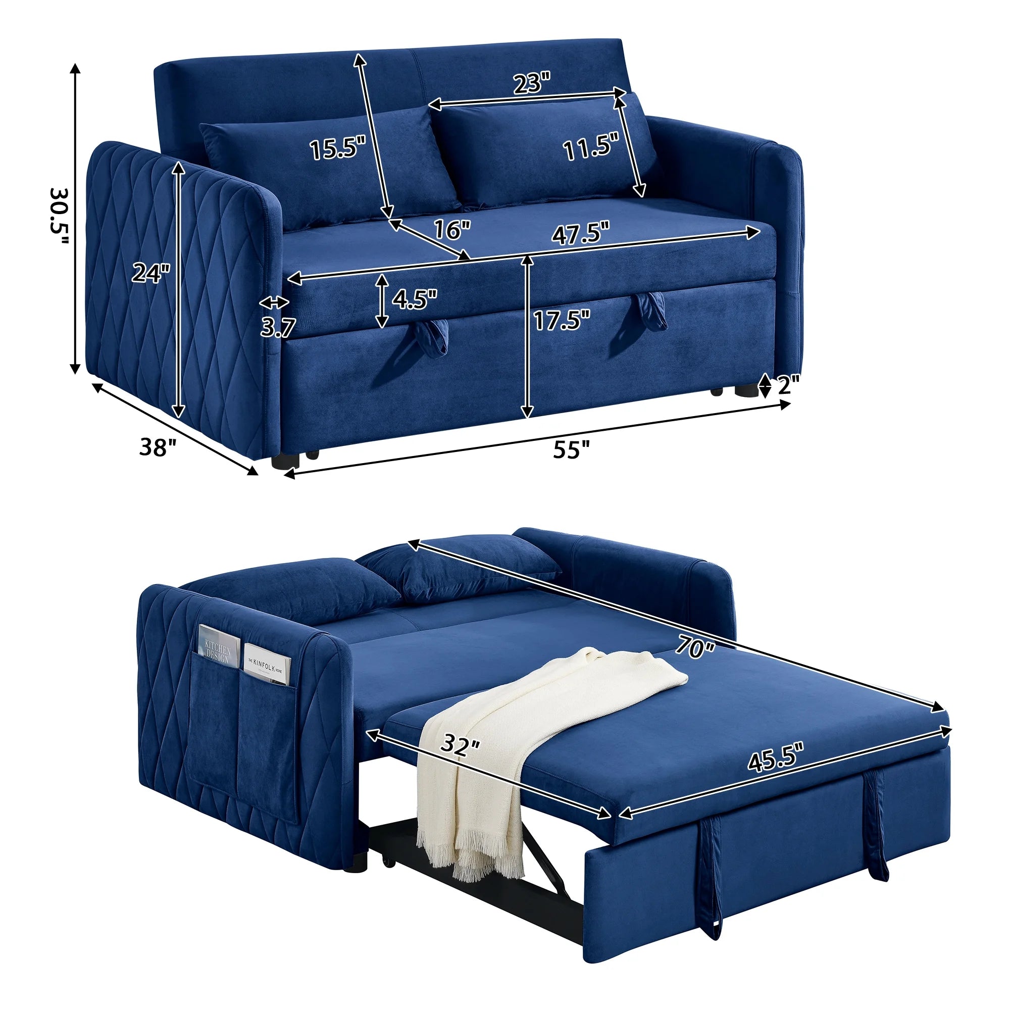 Convertible Sofa Bed, 3 in 1 Sleeper Sofa with 2 Pillows and Adjustable Backrest for Living Room Office, Black
