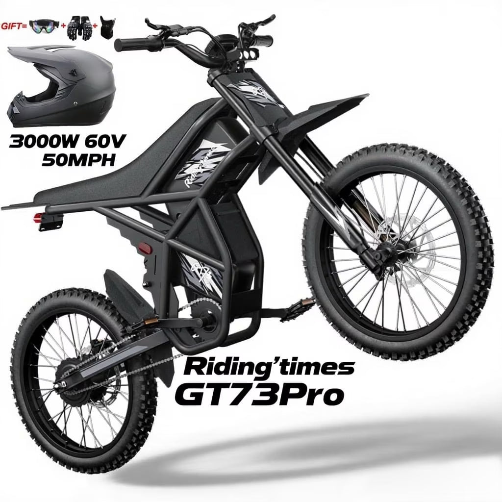 2000W Electric Dirt Bike for Adults Ridingtimes GT73 UL2849, Brushless Hub Motor, 18.2ah*2 Electric Bike with 25\ Tires Digital Screen Carbon Steel