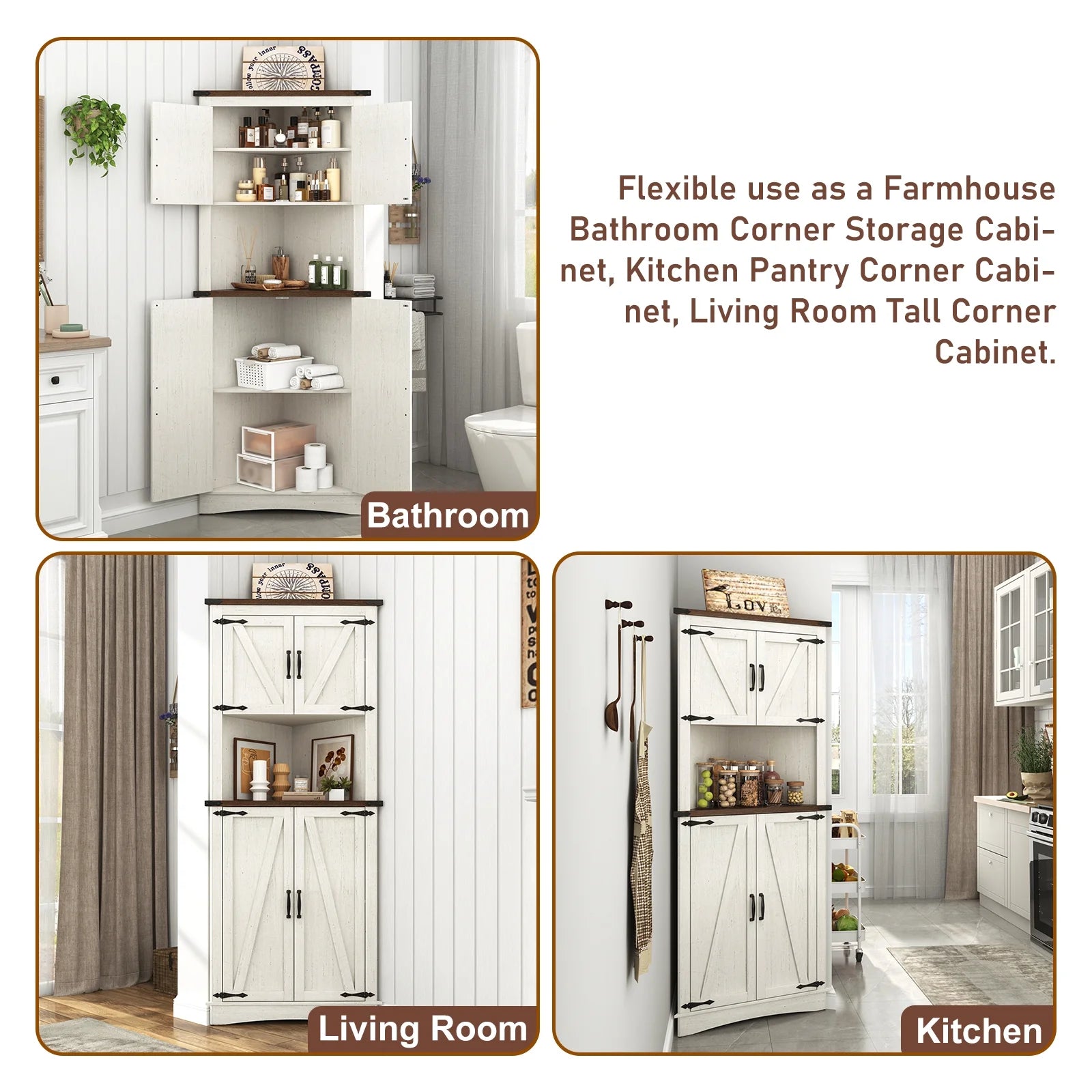 Blotout 68" Tall Farmhouse Corner Cabinet with 4 Doors, 28.3" W Barn Door Storage Cabinet with Adjustable Shelves, 5 Tier Corner Storage Cabinet for Bathroom, Living Room, Kitchen