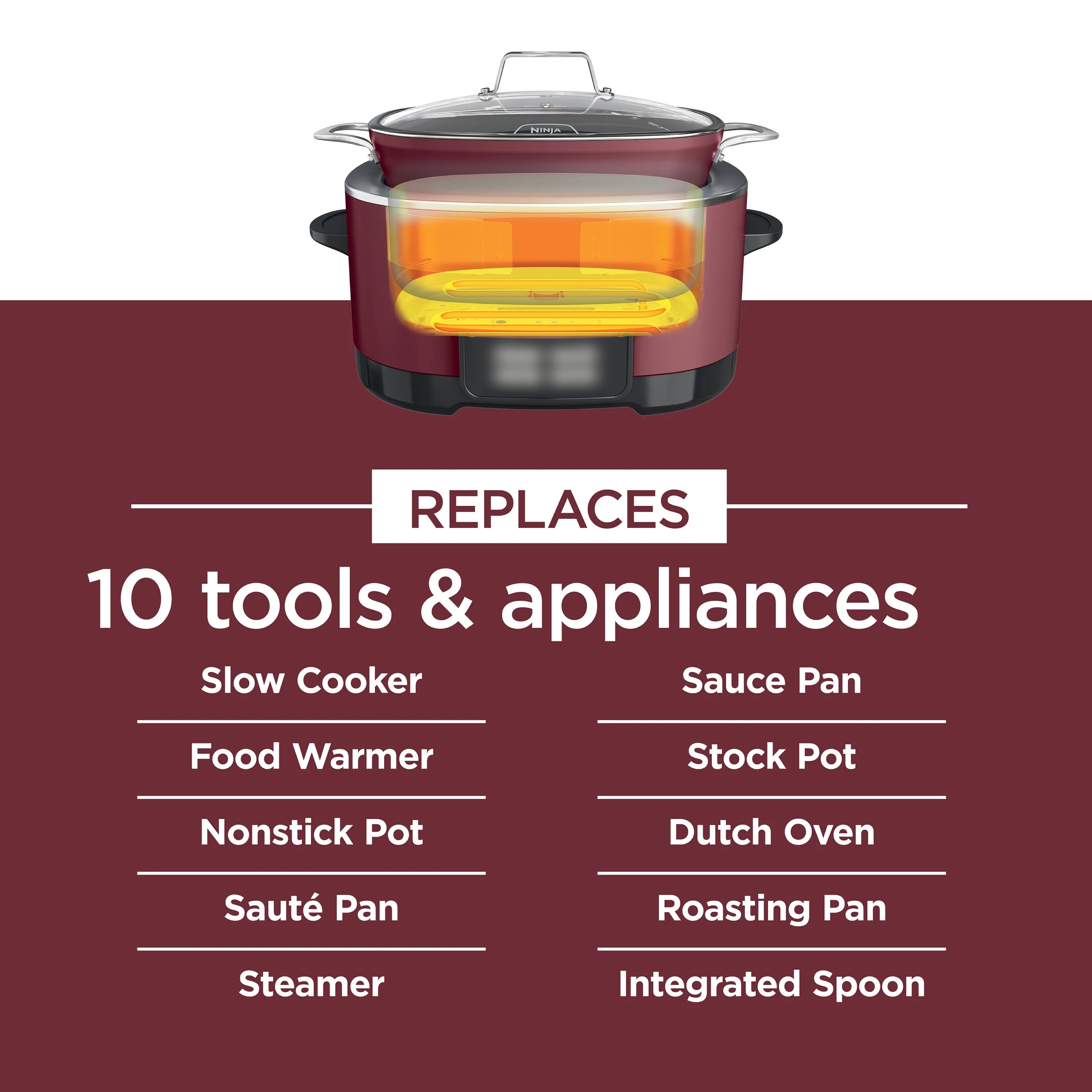 Ninja Foodi Possible Cooker, 8.5 Quart, 6 - in - 1 Multi - Cooker, Slow Cooker, Steamer, Glass Lid Integrated Cooking Utensil, Nonstick, Oven Safe Pot to 500°f, Cherry Tarte, MC1000WM