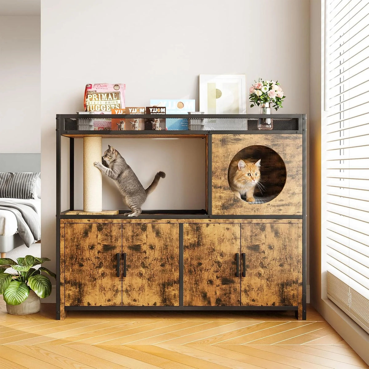AECOJOY Double Litter Box Enclosure, Wooden Cat Washroom Furniture Hidden with Storage & Doors for 2 Cats