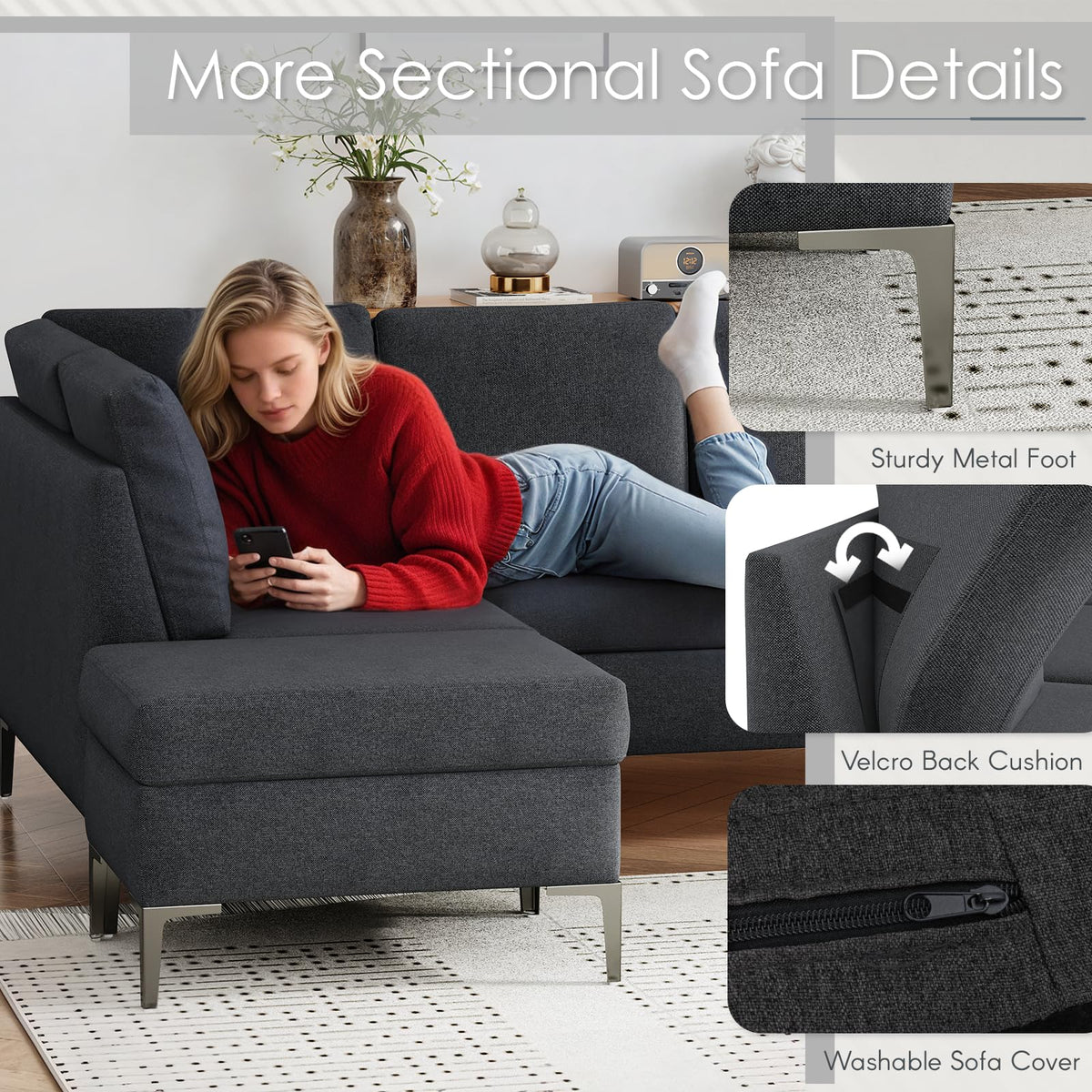 AECOJOY 87" Sectional Couch with Ottoman, Convertible Corner Couches with Armrest Storage, Black