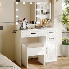 Richya Makeup Vanity Table with Lighted Mirror Power Outlet Drawers and Cabinet for Bedroom White
