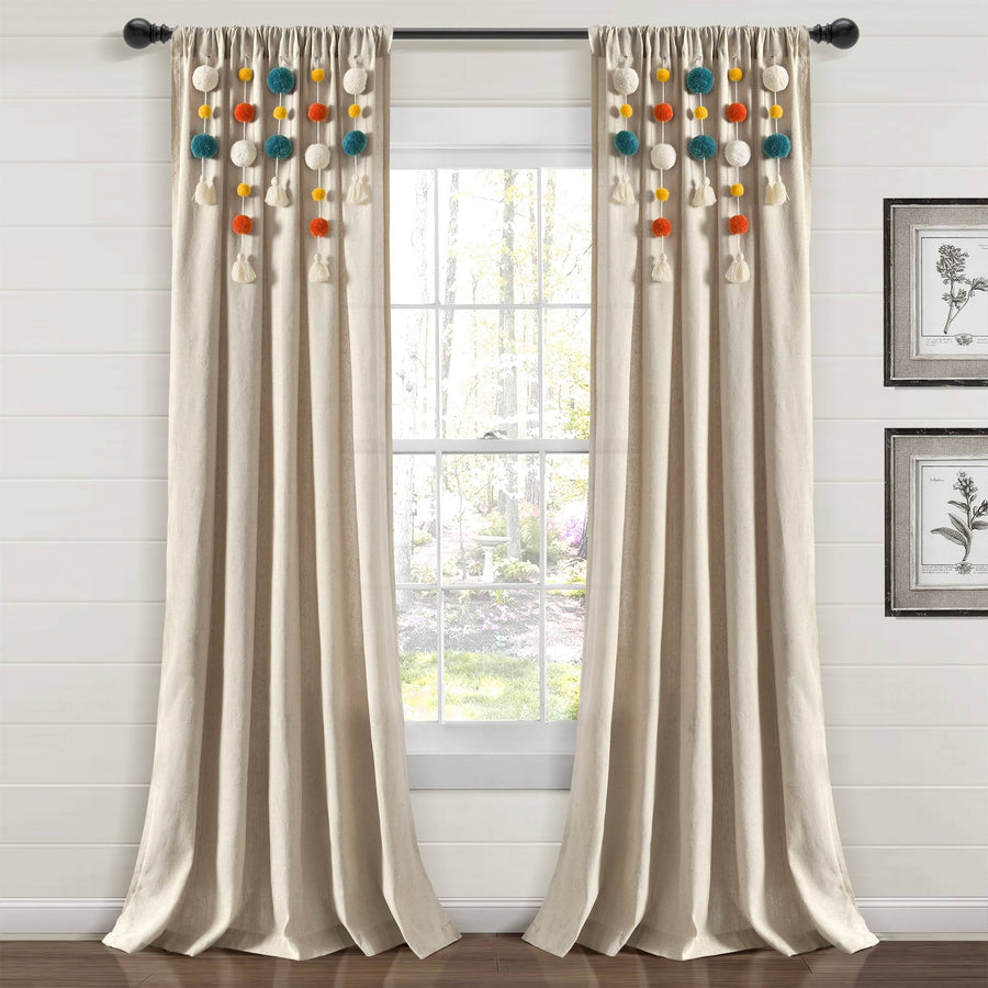 Lush Decor Boho Pom Pom Tassel Linen Window Curtain Panel Turquoise/Orange Single 52x84