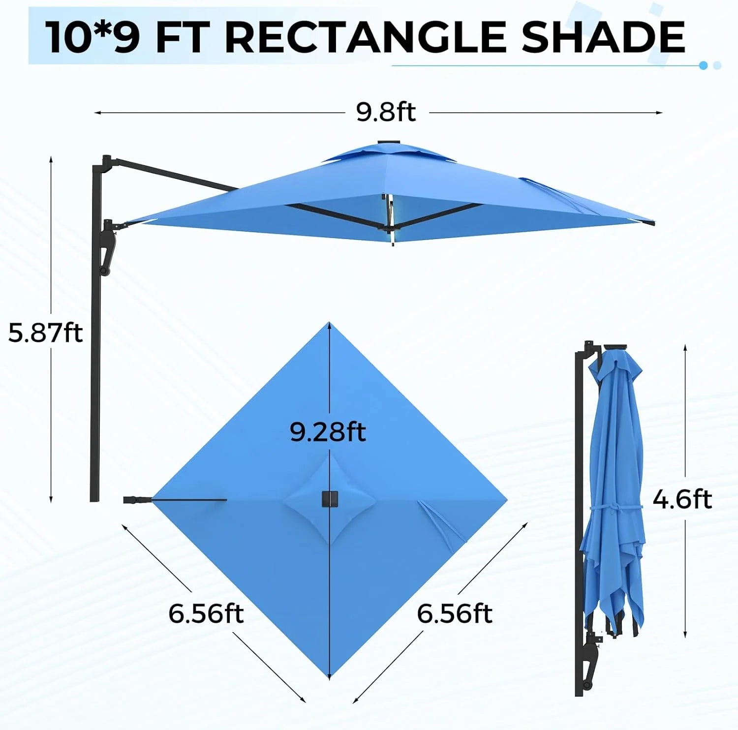 AECOJOY 10FT Large Patio Umbrella with Solar Lights, Rectangle Wall Mounted Outdoor Patio Umbrella, Blue