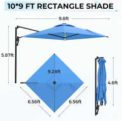 AECOJOY 10FT Large Patio Umbrella with Solar Lights, Rectangle Wall Mounted Outdoor Patio Umbrella, Blue