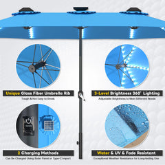 AECOJOY 15ft Patio Double-Sided Umbrella, 156 PCS Solar LED Light Outdoor Large Umbrella, Sky Blue