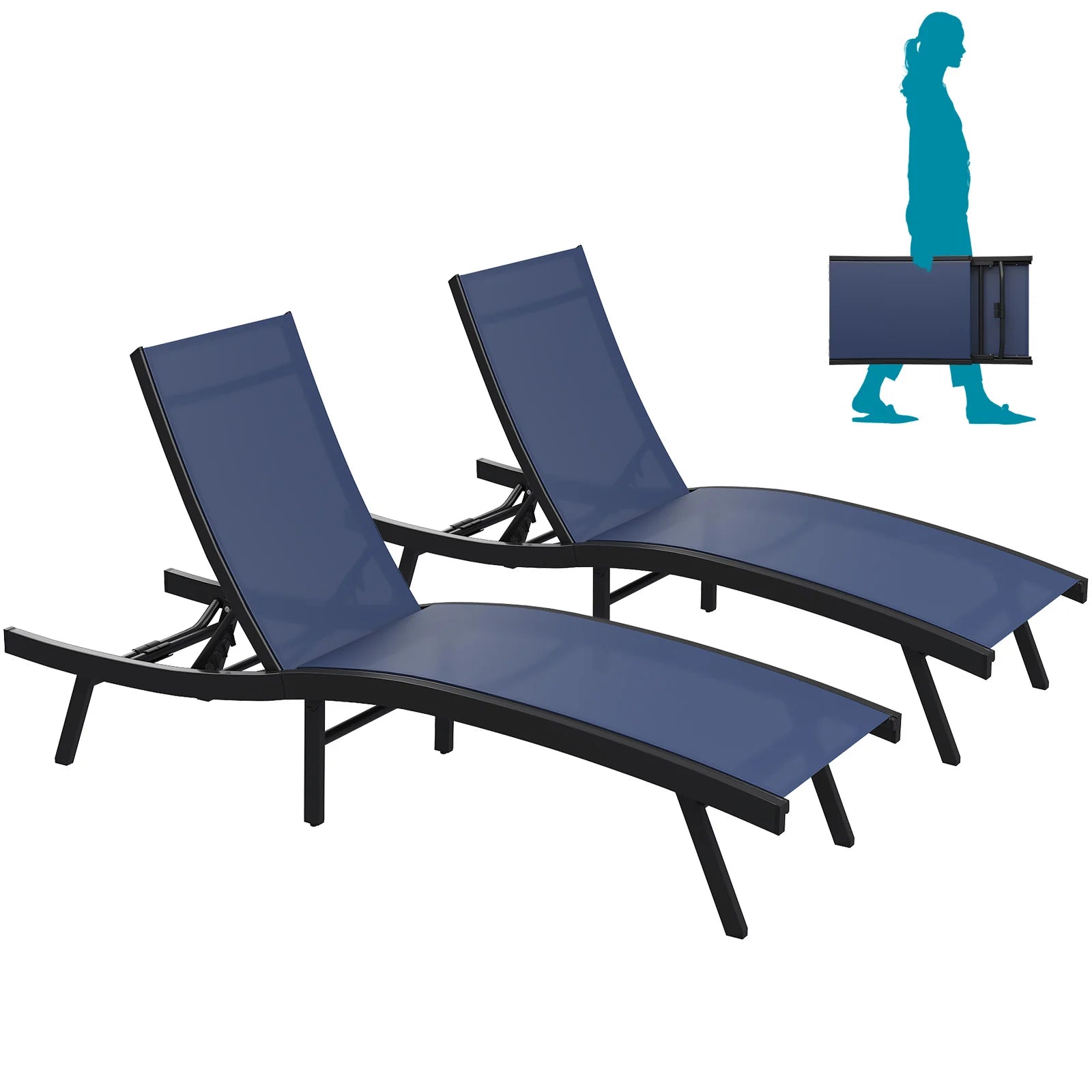 AECOJOY Outdoor Chaise Lounge, All Weather Pool Lounge Chairs Ergonomic Design (Navy, 2 PCs)