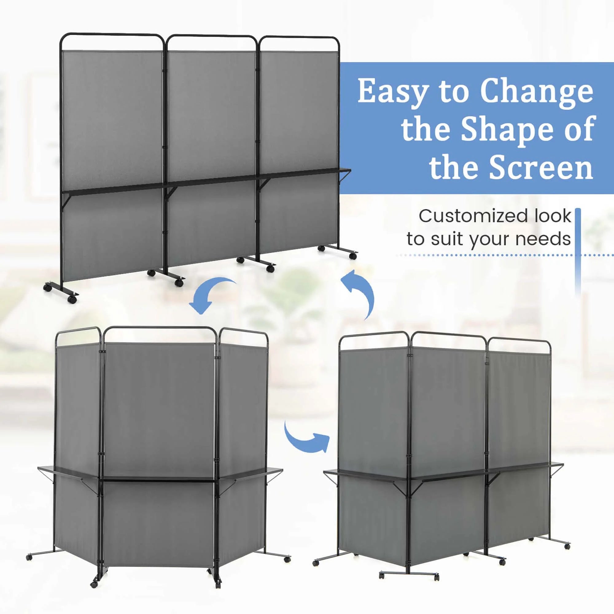 Costway 3 - Panel Room Divider with Storage Shelves 6FT Tall Folding Privacy Screen on Wheels Black