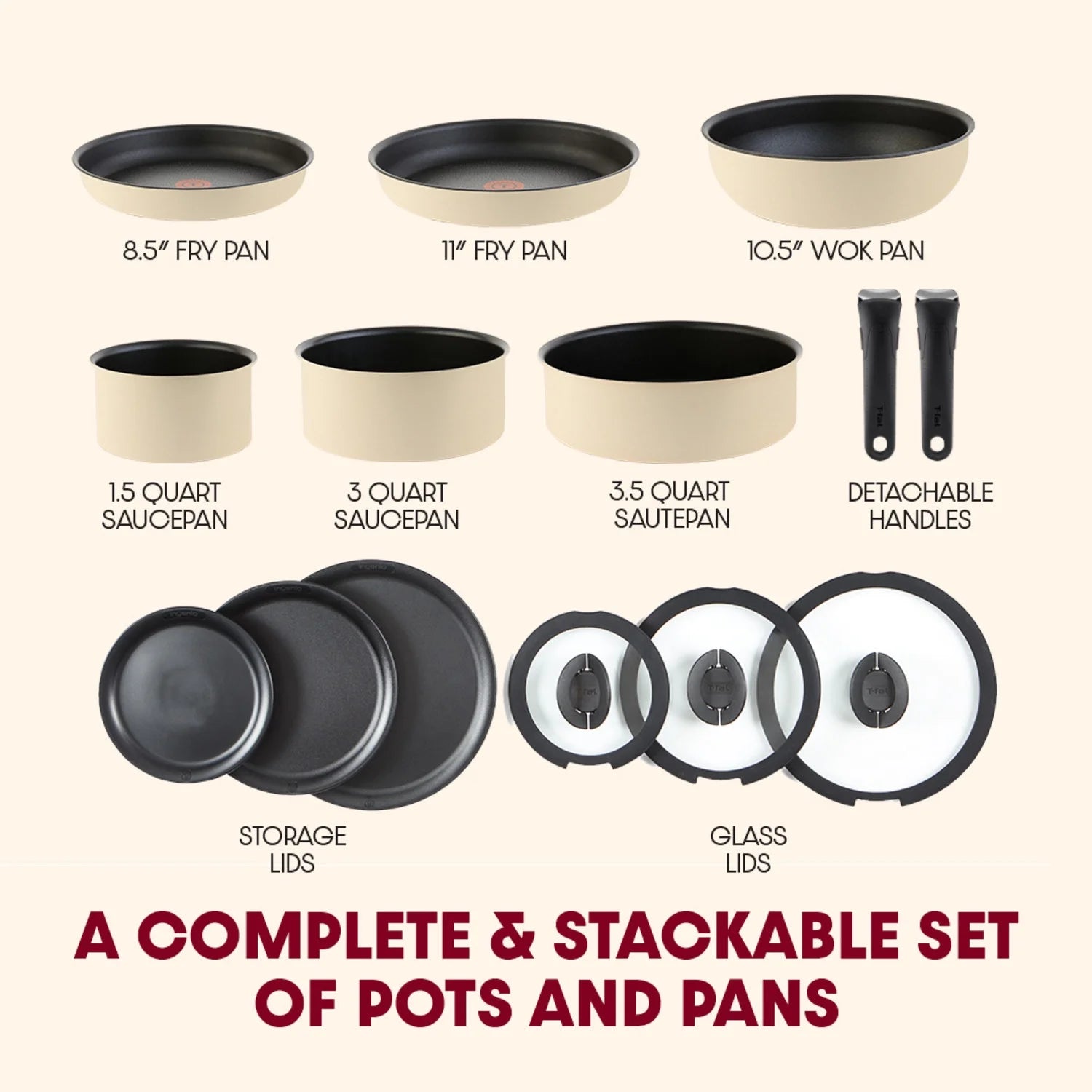 T - Fal Ingenio Expertise Nonstick 14 - Piece Cookware Set, Induction Oven Safe up to 500F, Detachable Handle, Onyx Black
