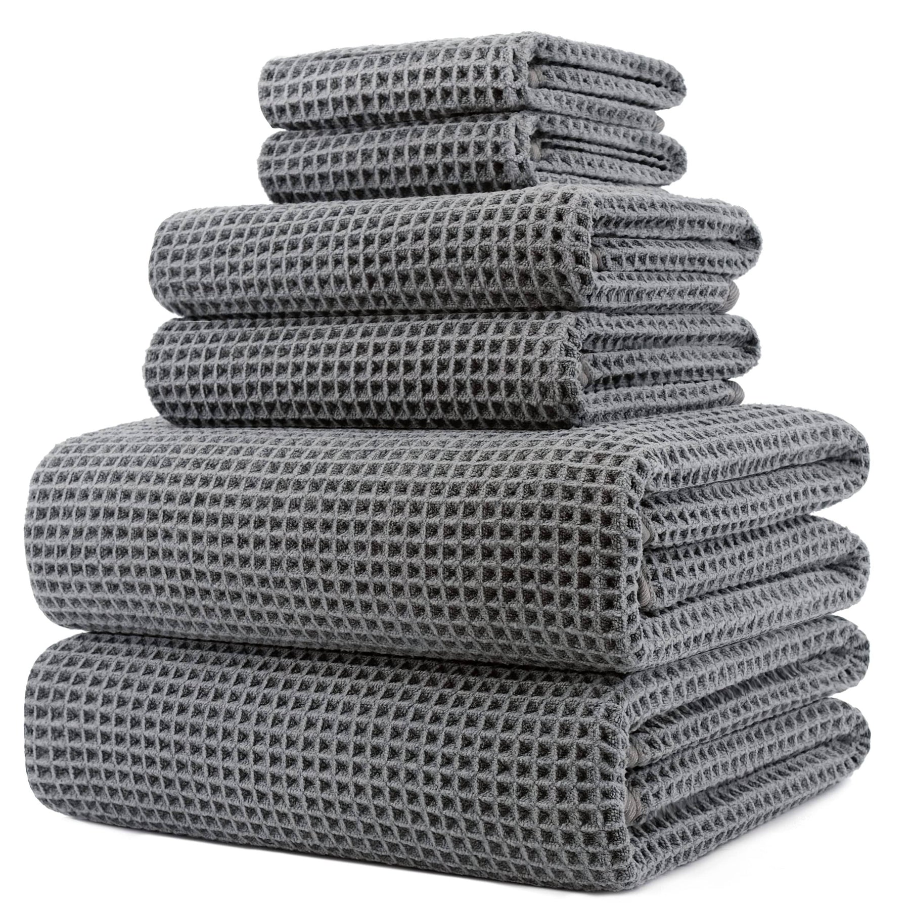 POLYTE Oversize 60 x 30 in Quick Dry Lint Free Microfiber Bath Towel Set 6 Piece (Gray Waffle Weave)