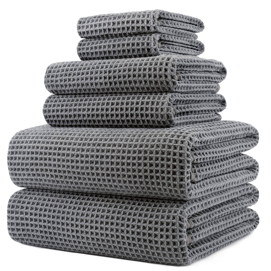 POLYTE Oversize 60 x 30 in Quick Dry Lint Free Microfiber Bath Towel Set 6 Piece (Gray Waffle Weave)