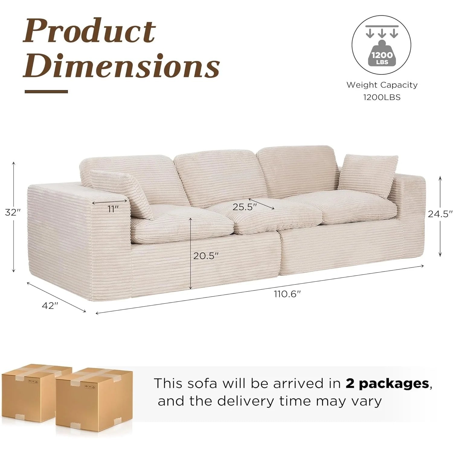 AECOJOY 110" Oversized Sofa for Living Room, 3 Seater Cloud Boneless Couch with Fluffy Seat Cushions