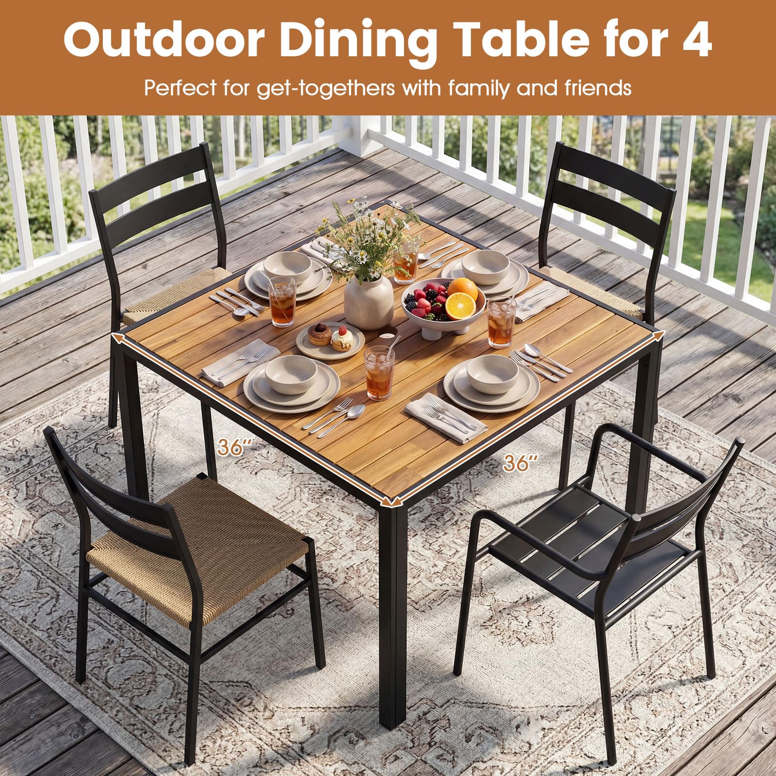 Tangkula 36" Square Acacia Wood Patio Dining Table 1.97" Umbrella Hole and Heavy Duty Metal Frame