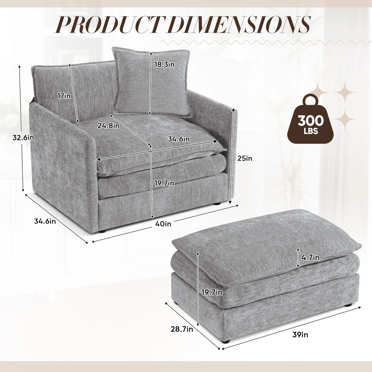 Muumblus Oversized Lounge Chair with Ottoman, Cloud Accent Armchair for Living Room, Beige Chenille