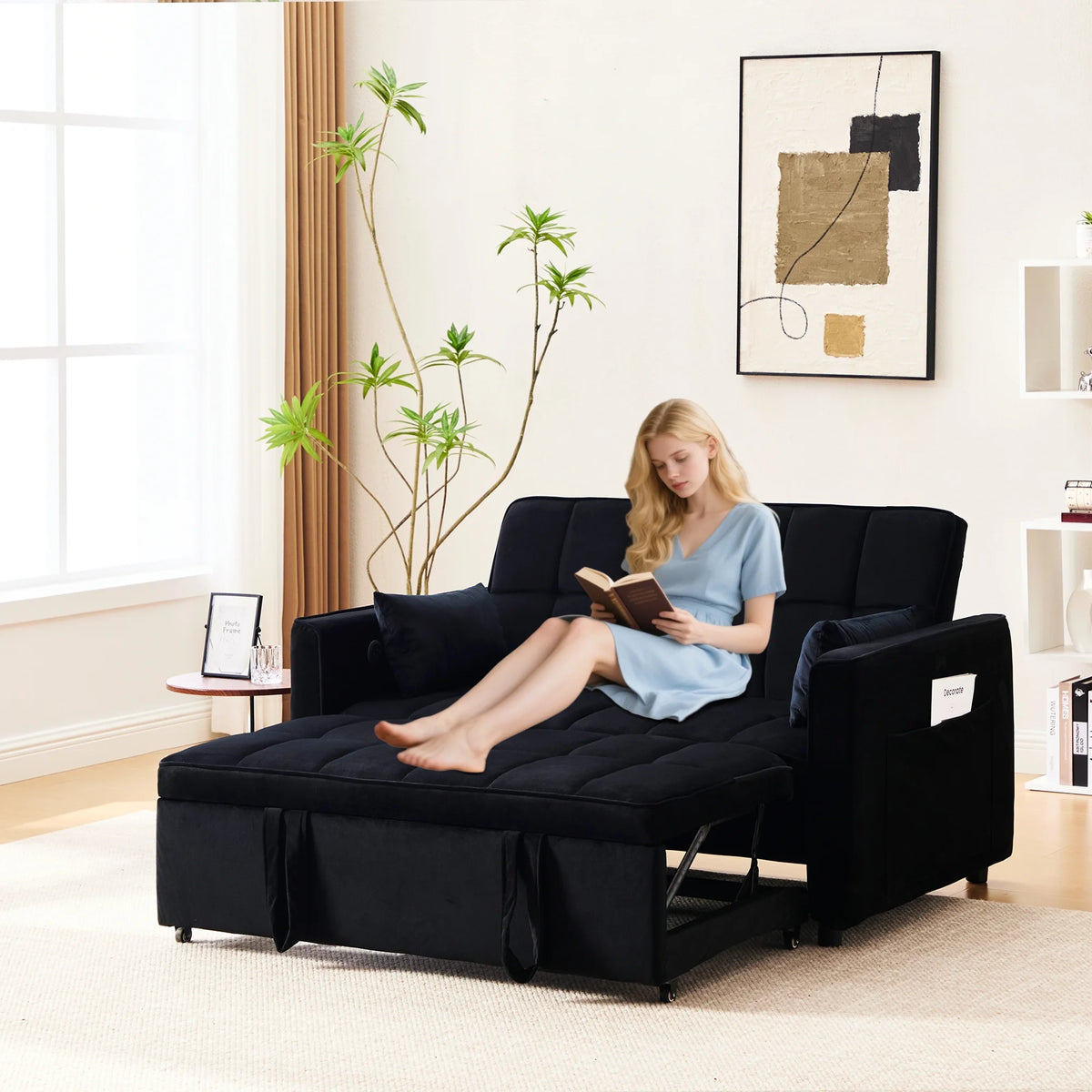Velvet 3 - in - 1 Convertible Sofa Bed - USB Charging, Adjustable Backrest Pull - Out Couch Loveseat Sleeper for Living Room, Apartment & Small Space, Black