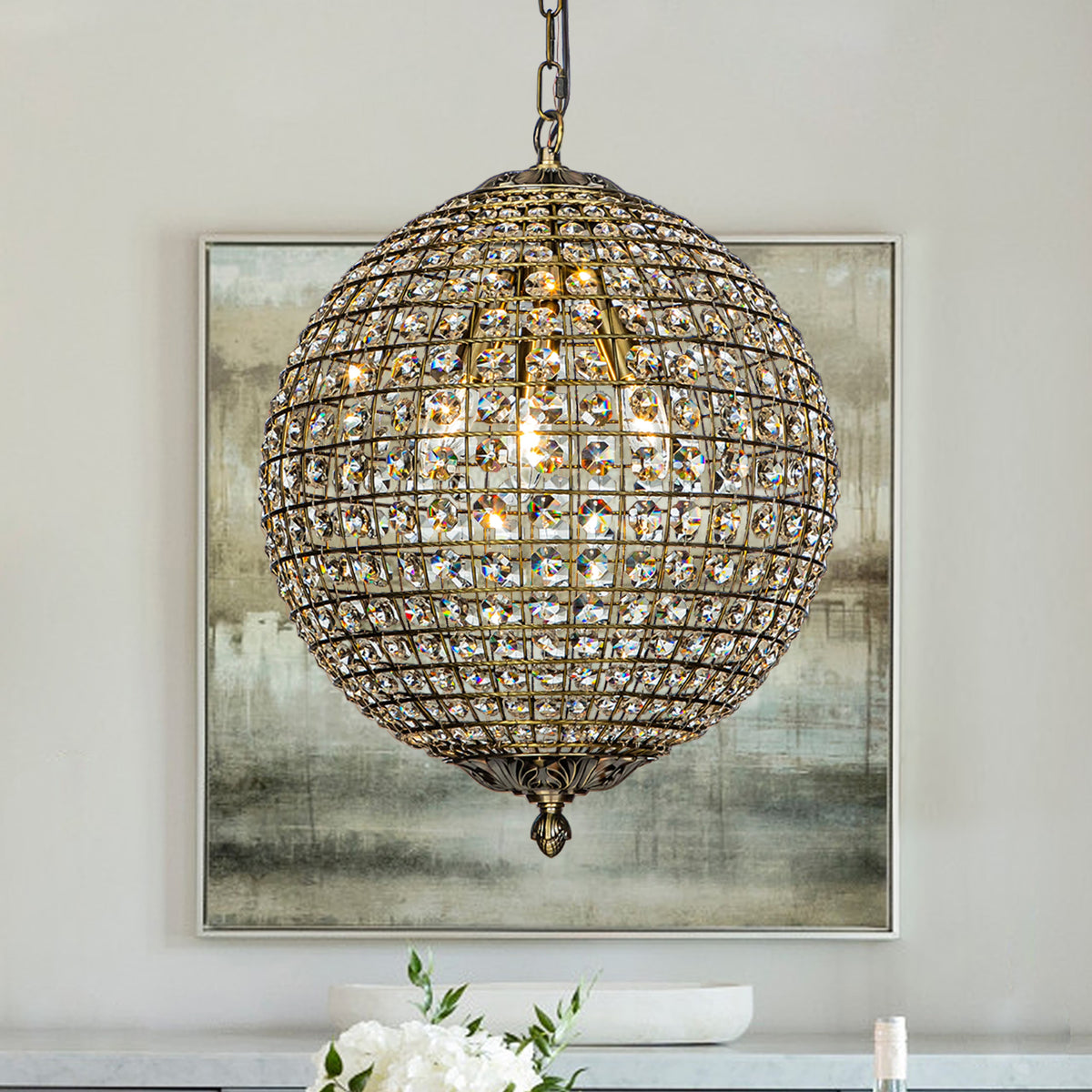 1 - Light 12" Retro Antique Gold Crystal Globe Chandelier Small Sphere Pendant Light