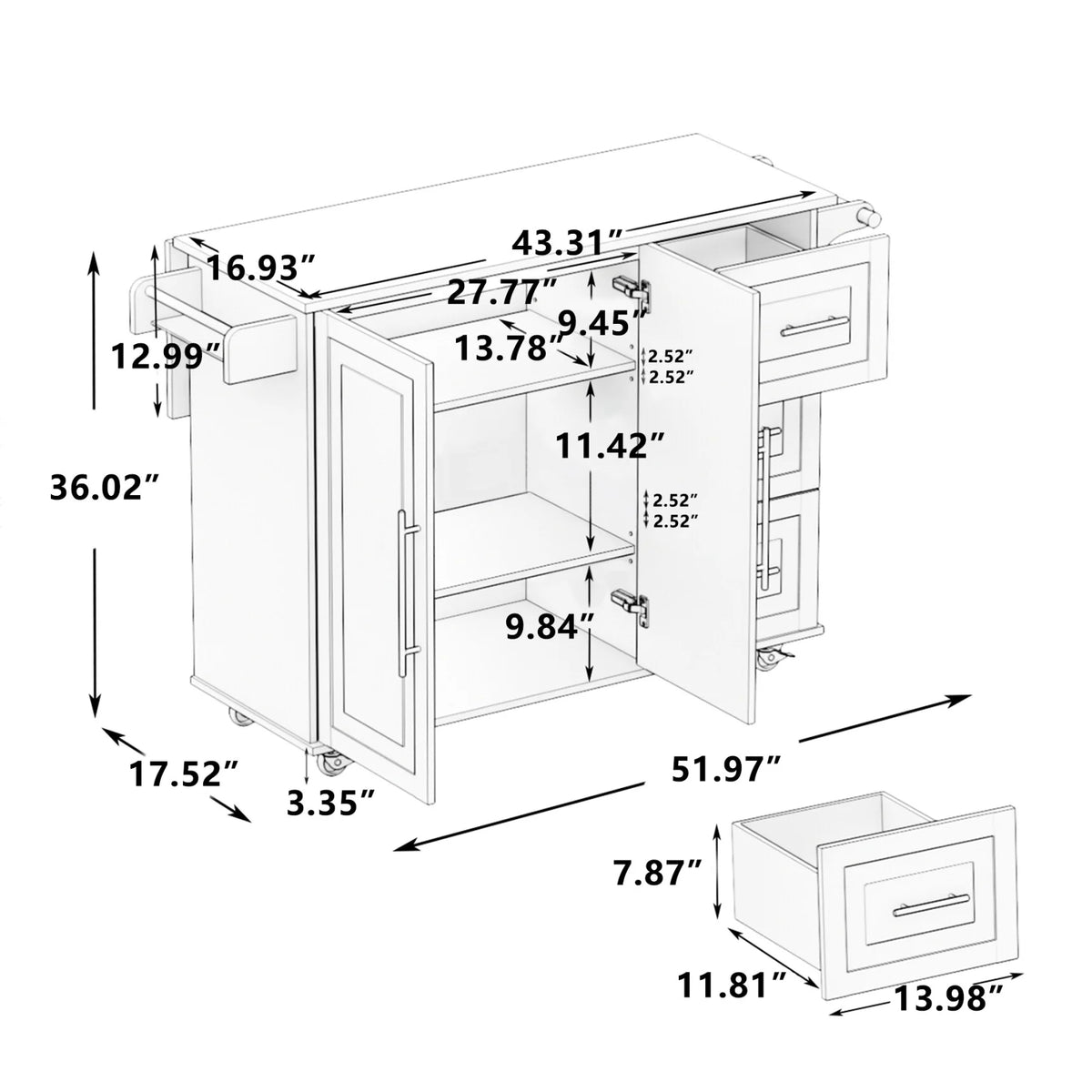 Movable Kitchen Island Cart with 2 Door Cabinet, 2 Drawers and Drop Leaf Top, Island Table with Spice Rack, Towel Holder, Wine Rack and Wheels, Kitchen Storage Cabinet, White