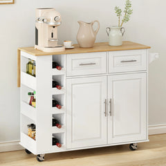 Movable Kitchen Island Cart with 2 Door Cabinet, 2 Drawers and Drop Leaf Top, Island Table with Spice Rack, Towel Holder, Wine Rack and Wheels, Kitchen Storage Cabinet, White