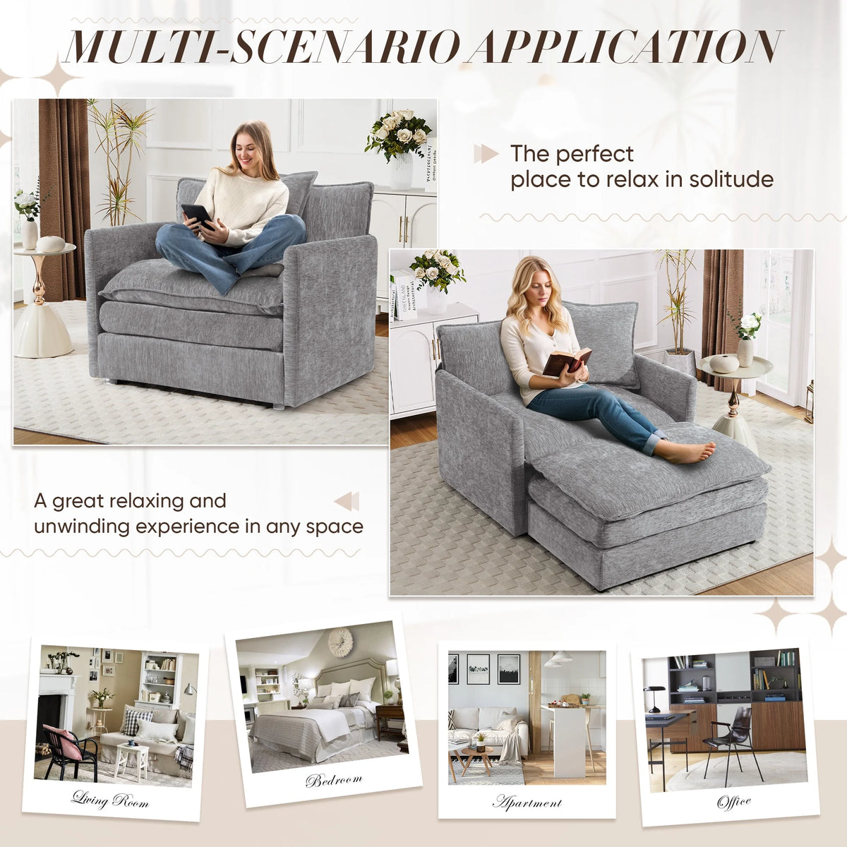 Muumblus Oversized Lounge Chair with Ottoman, Cloud Accent Armchair for Living Room, Beige Chenille