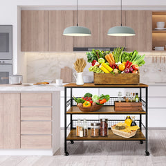 Behost 3 - Tier Rolling Cart Microwave Stand with 10 Hooks, Coffee Bar Kitchen Storage Rack Organizer, Rustic Brown
