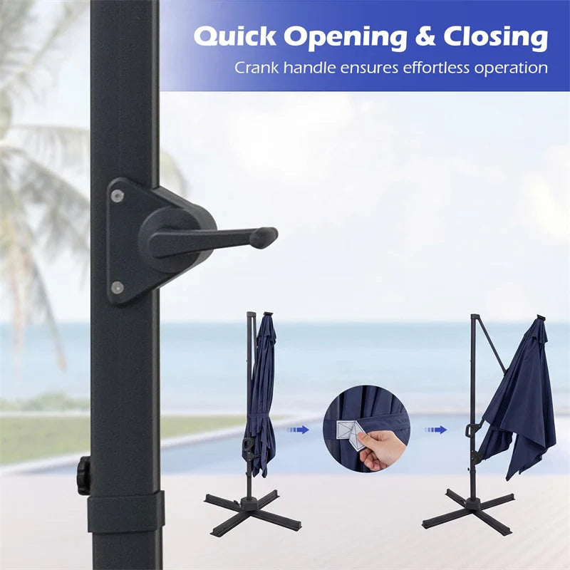 10 FT Cantilever Patio Umbrella with 32 Solar LED Lights, 360° Rotation & Easy Tilt, Square Outdoor Offset Hanging Umbrella with Cross Base