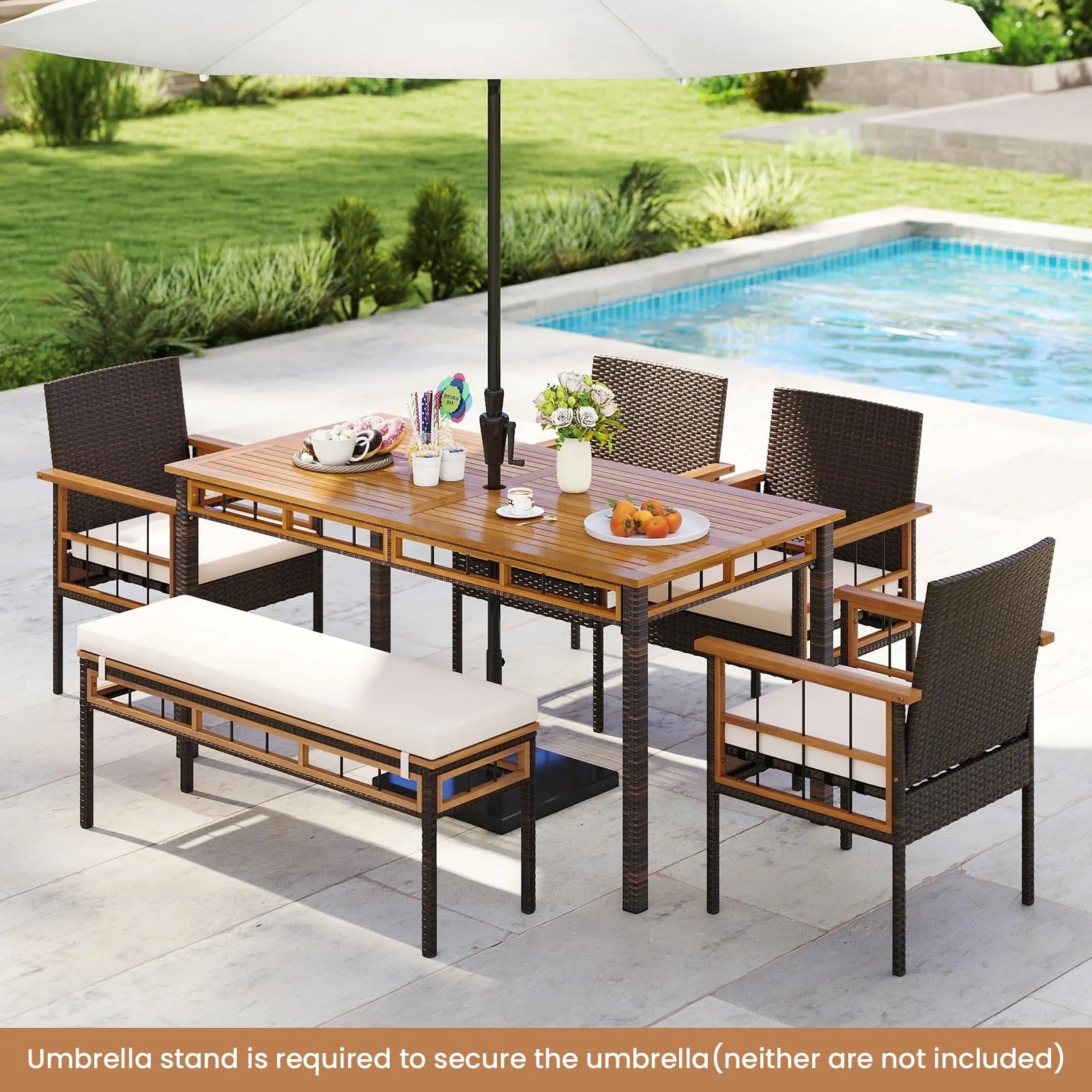 Tangkula 6 Pieces Patio Dining Table Set with 1.97” Umbrella Hole & Cushioned Backless Bench & 4 Armchairs