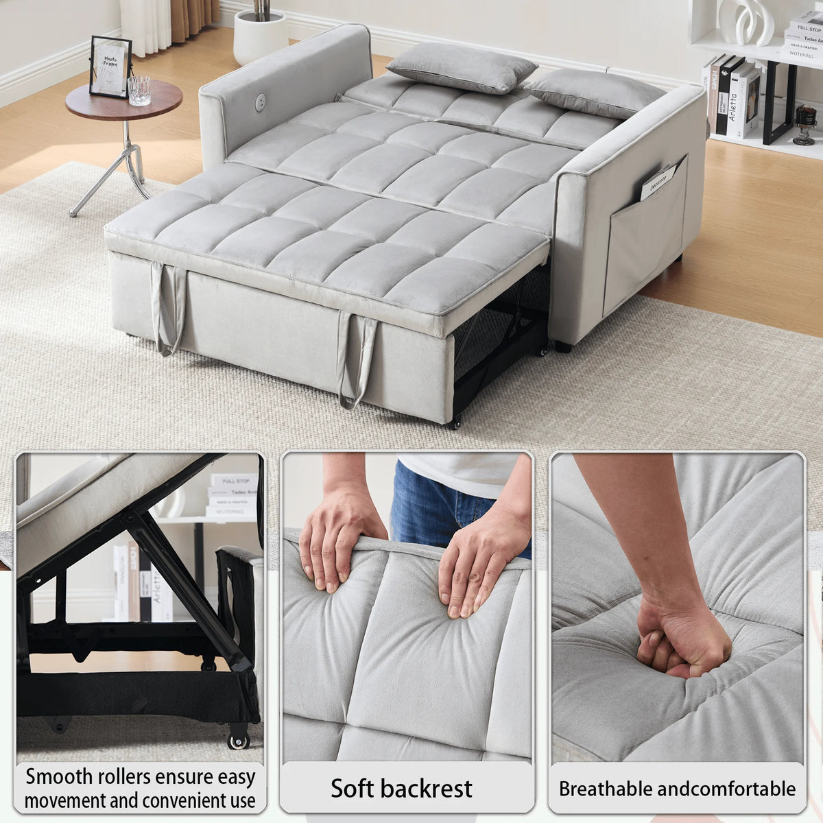 Velvet 3 - in - 1 Convertible Sofa Bed - USB Charging, Adjustable Backrest Pull - Out Couch Loveseat Sleeper for Living Room, Apartment & Small Space, Black