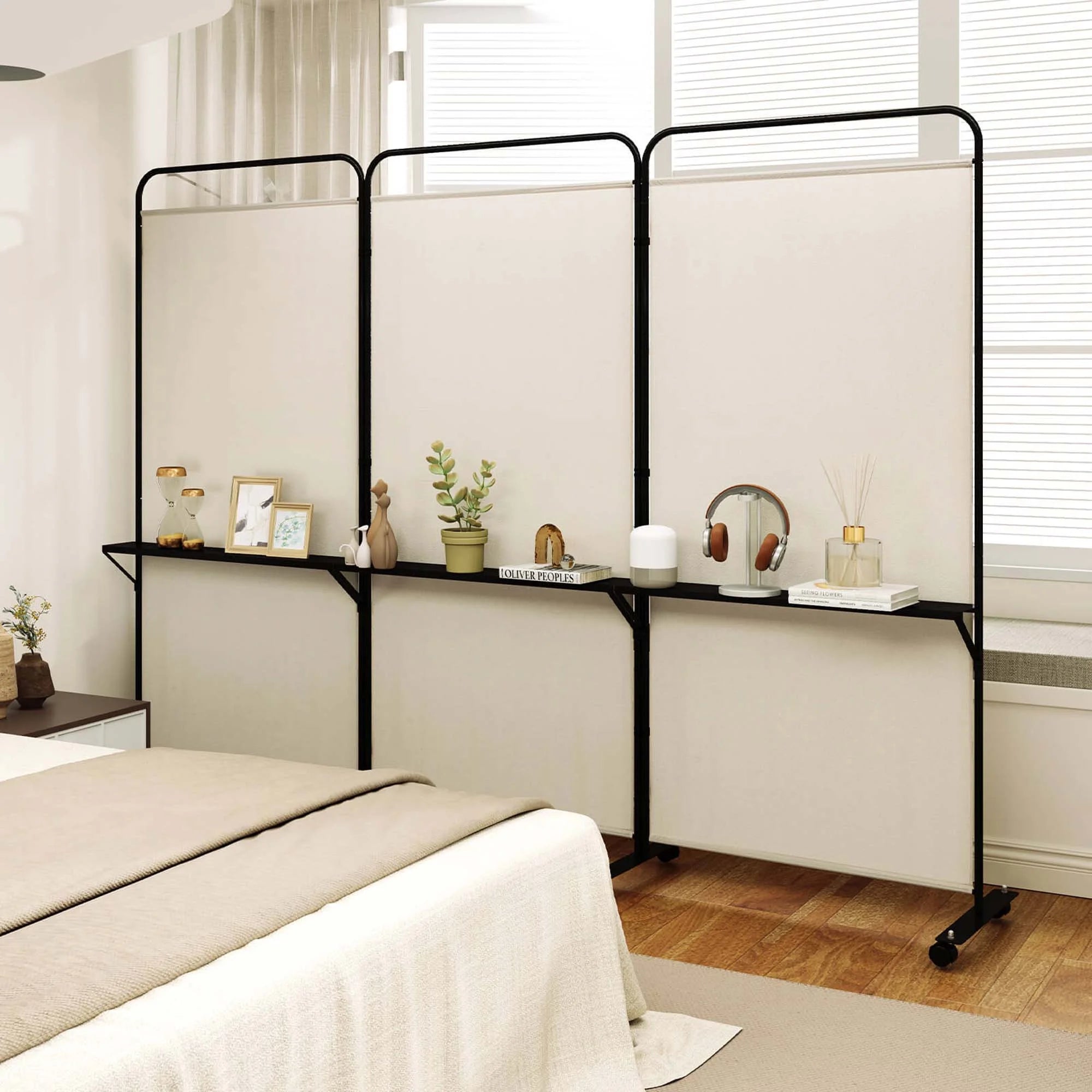 Costway 3 - Panel Room Divider with Storage Shelves 6FT Tall Folding Privacy Screen on Wheels Black