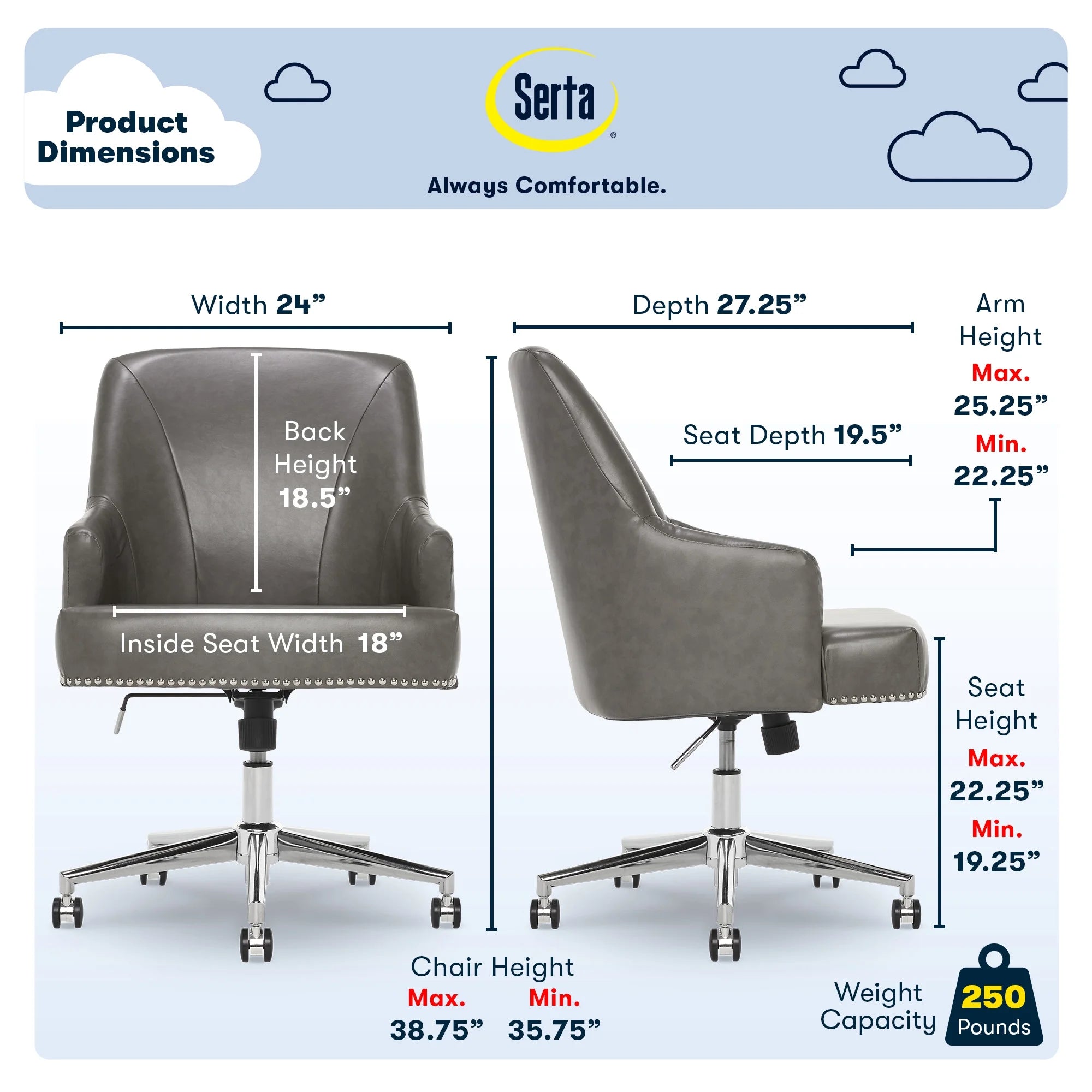 Serta Leighton Home Office Desk Chair Chrome Nailheads Twill Fabric Lilac Purple