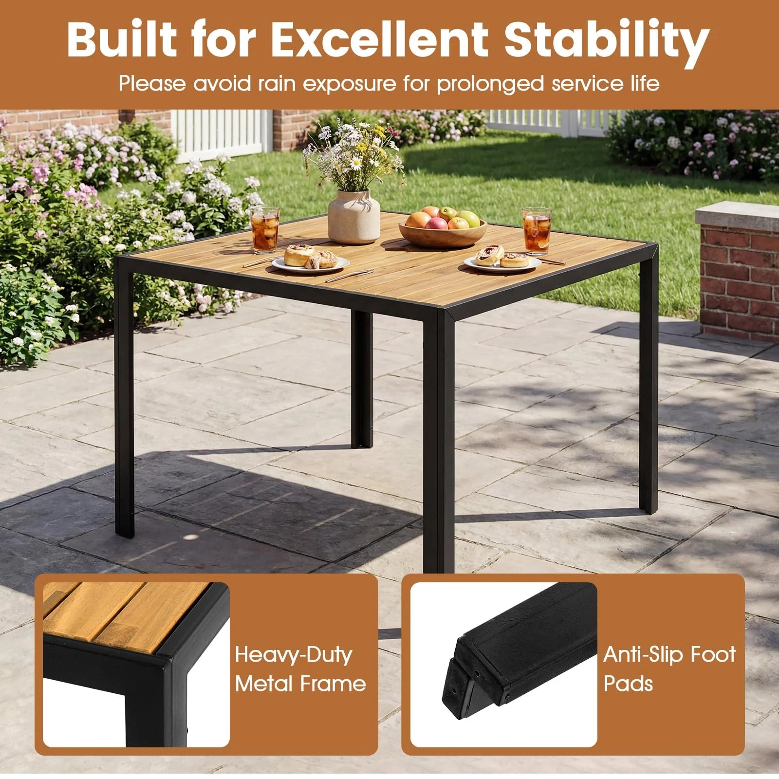 Tangkula 36" Square Acacia Wood Patio Dining Table 1.97" Umbrella Hole and Heavy Duty Metal Frame