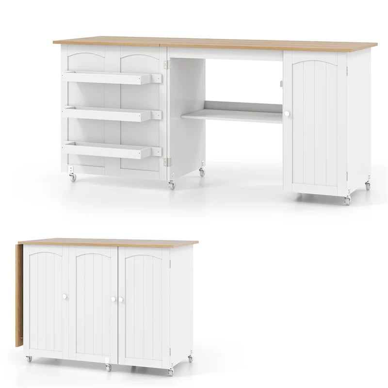 62.5" Folding Sewing Table Rolling Craft Station with Storage Cabinet & Shelves, Foldable Sewing Machine Desk w/ Lockable Wheels for Home