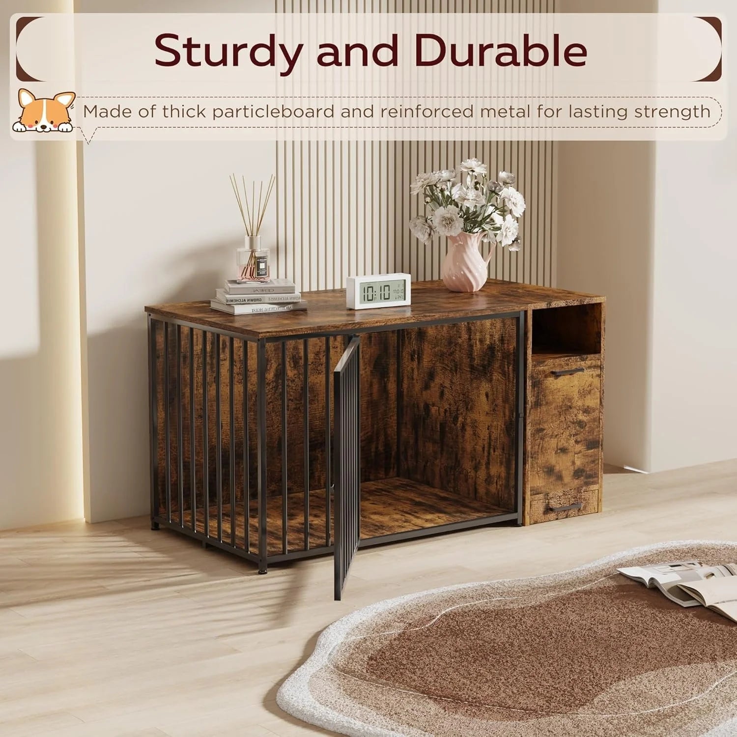 AECOJOY Dog Crate Furniture with Storage Cabinet, 36 Inch Wooden & Steel Decorative Indoor Kennel, Pet Cage End Table