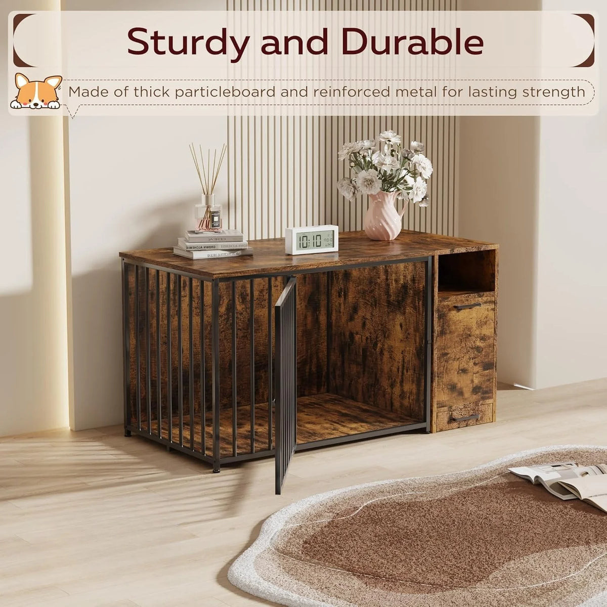 AECOJOY Dog Crate Furniture with Storage Cabinet, 36 Inch Wooden & Steel Decorative Indoor Kennel, Pet Cage End Table