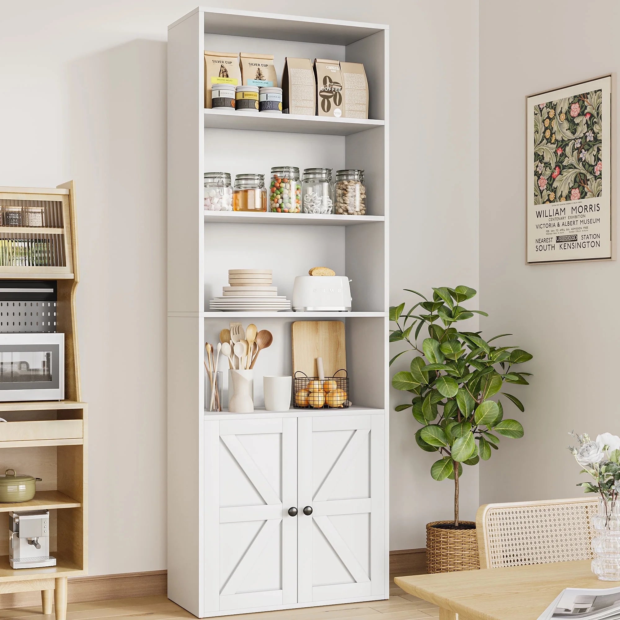 Furmax 1 Piece 4 - Shelf Farmhouse Bookcases 4 - Tier Bookshelf with Adjustable Shelves&Doors, Storage Cabinet for Home Living Room, Kitchen, Office, White