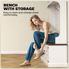 HOMCOM 3 - in - 1 Hall Tree with Shoe Storage, Standing Coat Rack with Shoe Bench, Entryway Furniture with Five Hooks, White Wood Grain