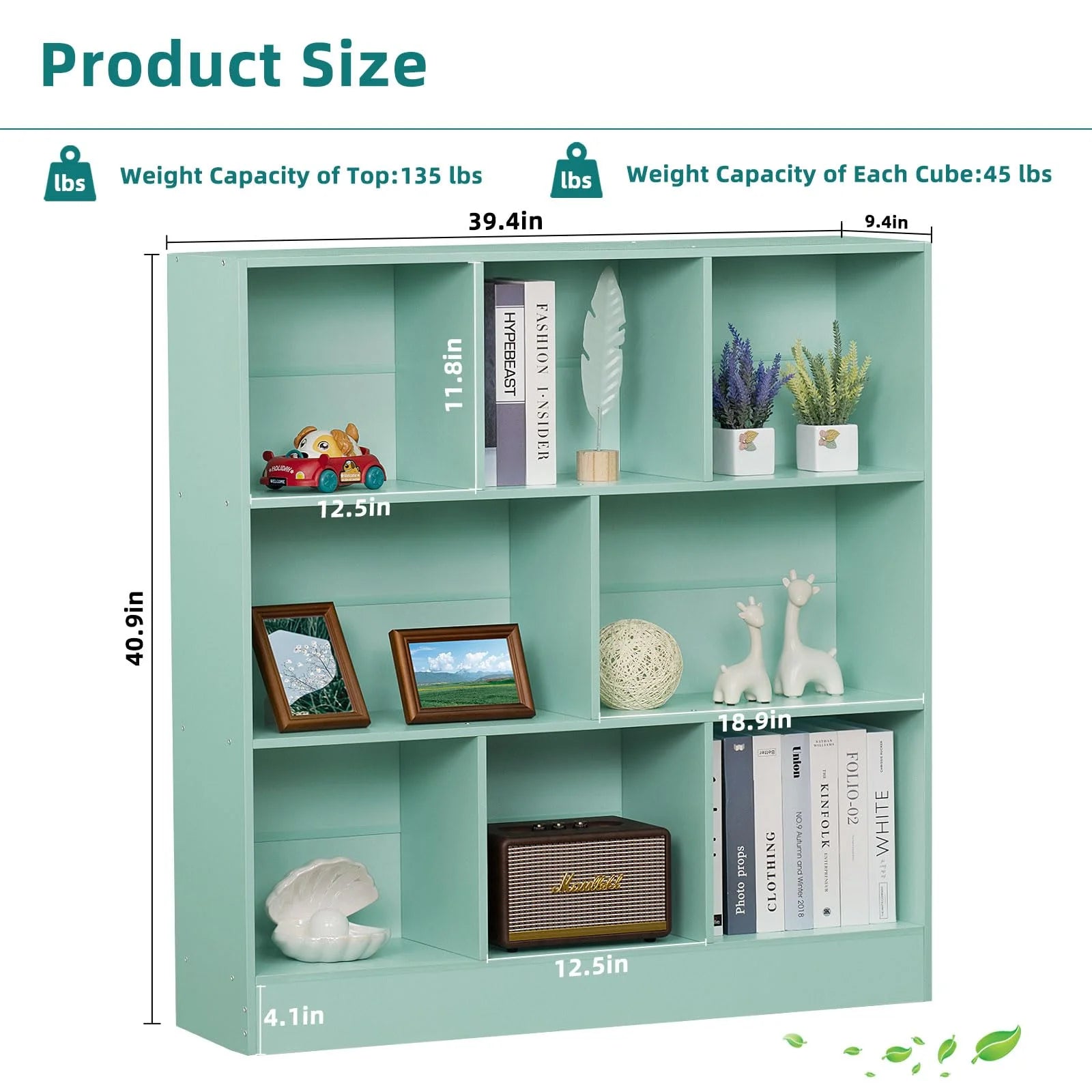 8 Cube Bookshelf with Base, 3 Tier Modern Mint - Green Bookcase, Standing Wide Bookshelves Storage Organizer Toy Shelf, Wood Display Children'S Book Shelves for Bedroom, Living Room, Nursery