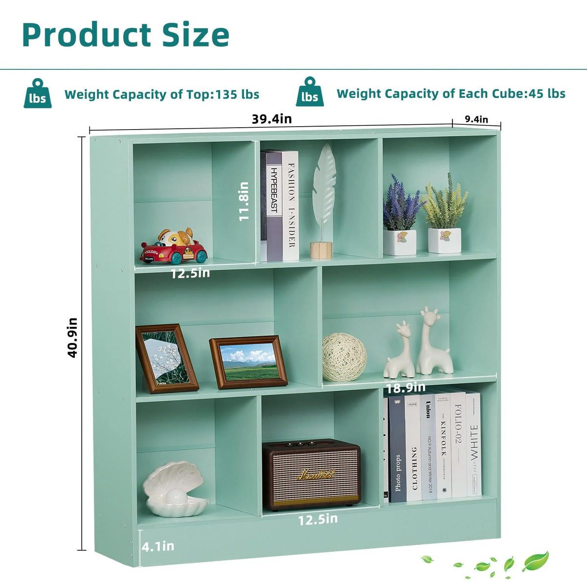 8 Cube Bookshelf with Base, 3 Tier Modern Mint - Green Bookcase, Standing Wide Bookshelves Storage Organizer Toy Shelf, Wood Display Children'S Book Shelves for Bedroom, Living Room, Nursery